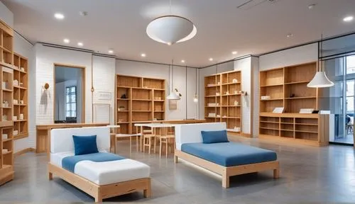 Design a pop-up store space to promote your furniture. A wooden bookcase and bed are displayed in the center, and the customer service desk is on the right. The walls are made of white brick, the floo