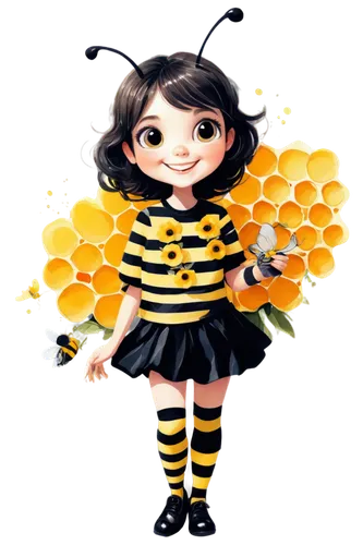 Bumble bee, cartoon style, yellow and black stripes, big round eyes, smiling face, holding honeycomb, standing on flowers, soft petals, green leaves, warm sunlight, shallow depth of field, 3/4 composi