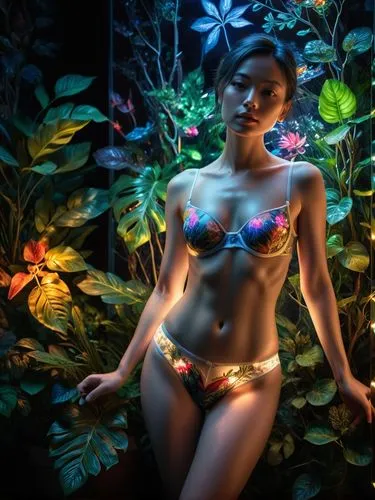 this is a woman in a  outfit posing in her underwear,there is a beautiful woman with flowers in her ,neon body painting,bodypaint,bodypainting,secret garden of venus,garden of eden,underwater backgrou