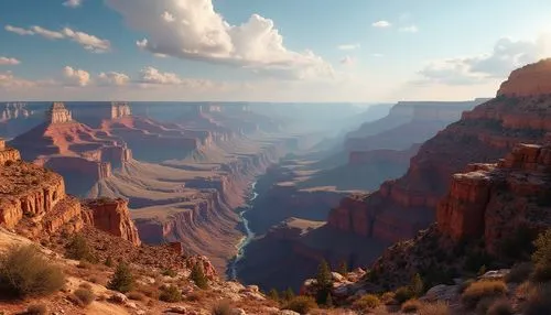 Grand Canyon, natural wonder, majestic landscape, vibrant orange and red rock formations, vast expanse, layered geological structure, Colorado River flowing through the valley, sunny weather, soft clo