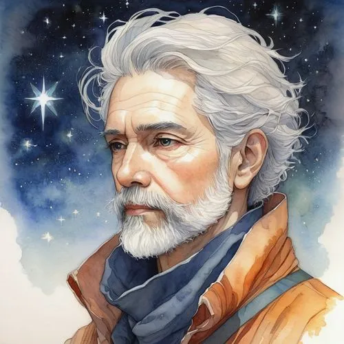 father frost,white beard,cg artwork,silver fox,fantasy portrait,obi-wan kenobi,george lucas,astronomer,advent star,eternal snow,star-lord peter jason quill,star illustration,emperor of space,north star,constellation wolf,star drawing,lando,romantic portrait,male elf,mundi,Illustration,Realistic Fantasy,Realistic Fantasy 16