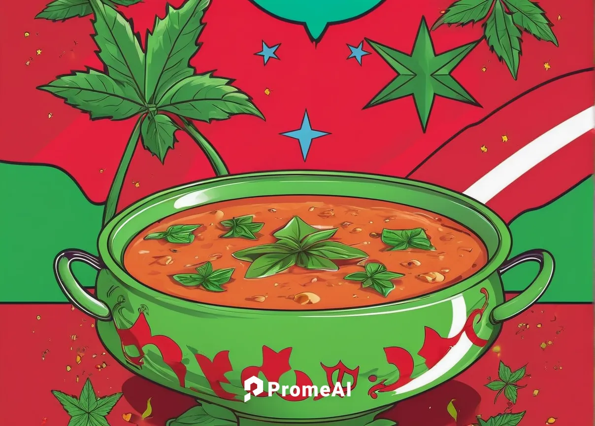 All over print, Moroccan soups, Kawaii, Moroccan culture, Moroccan flag, green star line, red flag, leaf's, details, happy vibrant colors.,tomato soup,sorrel soup,harissa,nihari,rasam,gazpacho,sofrito