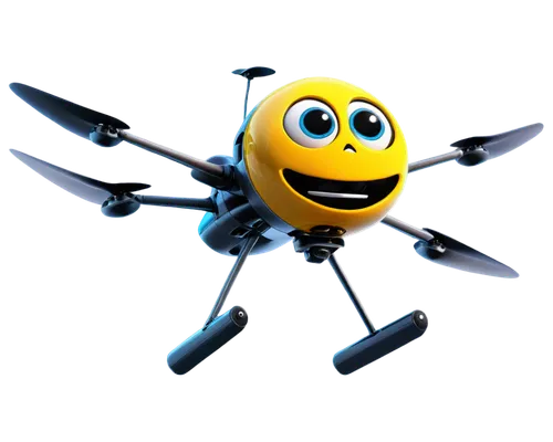 Funny drone, cartoon style, bright colors, big round eyes, smiling face, propellers spinning, metallic body, shiny surface, hovering in mid-air, playful pose, 3/4 composition, soft focus background, w