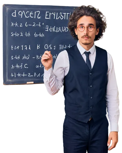 Einstein-like man, wild hair, thick eyebrows, glasses, white shirt, dark vest, trousers, holding chalk, standing in front of blackboard, complex math equations, intense thinking face, soft spotlight, 