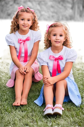 Little girls, portrait, two children, 5-7 years old, cute facial expressions, big brown eyes, curly blonde hair, pink ribbons, rosy cheeks, gentle smiles, white blouses, blue skirts, knees bent, sitti