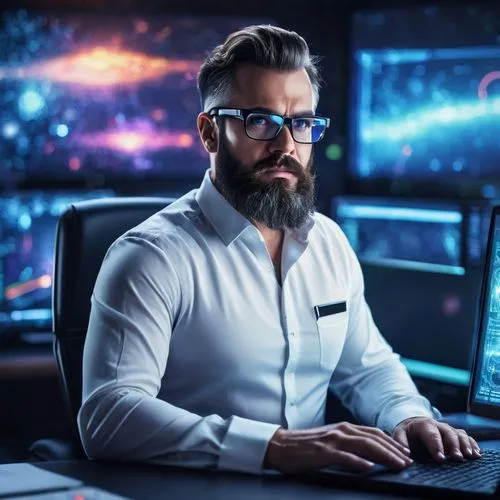 Cybersecurity expert, male, mature, beard, glasses, white shirt, black trousers, sitting, desk, laptop, multiple monitors, cloud computing diagram, security architecture design, futuristic background,