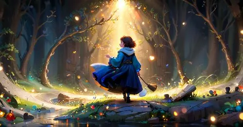 a person standing in front of an art painting,fairy forest,fae,fairie,forest of dreams,enchanted forest,fantasy picture,Anime,Anime,Cartoon