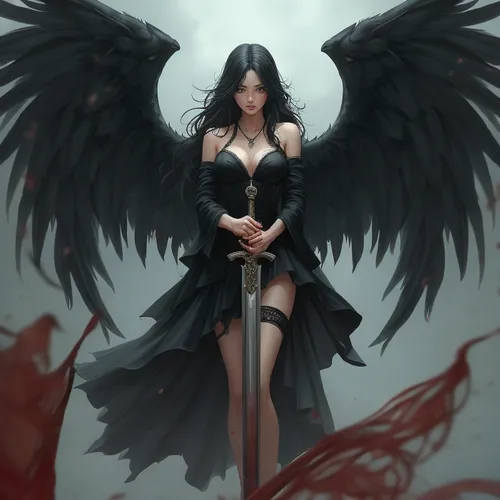 A majestic Angel with black wings. She is folding her wrings as the blood flies by her. ,an angel standing with her sword and wings,dark angel,black angel,angel of death,fallen angel,seraphim,death an