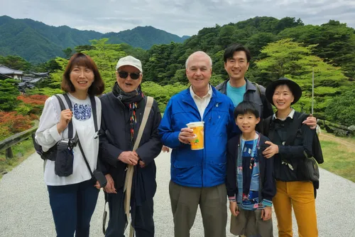 Mac, Founder and Lead Guide of Maction Planet, with the Cohn and Frank families, and Kosuke, on a Maction Planet Kyoto Day trip,mulberry family,arrowroot family,myrtle family,lily family,family group,