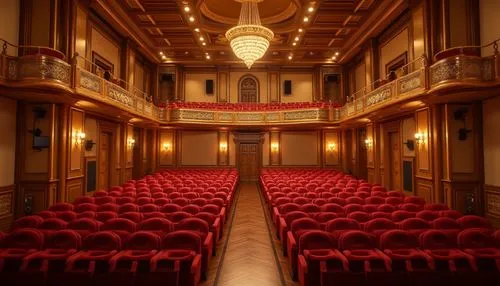 Intimate auditorium, curved wooden panels, warm golden lighting, plush crimson seats, ornate metal railings, grandiose chandeliers, high ceilings, symmetrical architecture, precise acoustic calculatio