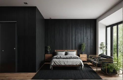 BLACK THEME, BLACK RUSTIC WOOD INTERIOR ,ULTRA 32K REALISTIC,a bedroom with wood floors and wooden walls,modern room,bedroom,headboards,chambre,black bamboo,sleeping room,Photography,Documentary Photo