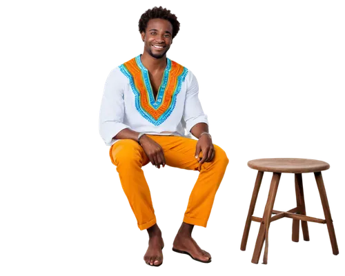 Funny African man, smiling face, Afro hair, thick eyebrows, big nose, colorful dashiki, white shirt, brown pants, bare feet, sitting on a stool, relaxed posture, bright eyes, shiny skin, warm lighting