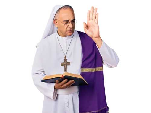 Catholic priest, Holy Week, solemn face, white alb, golden cross, purple stole, holding Bible, praying hands, gentle eyes, soft lighting, warm color tone, shallow depth of field, 3/4 composition, cine