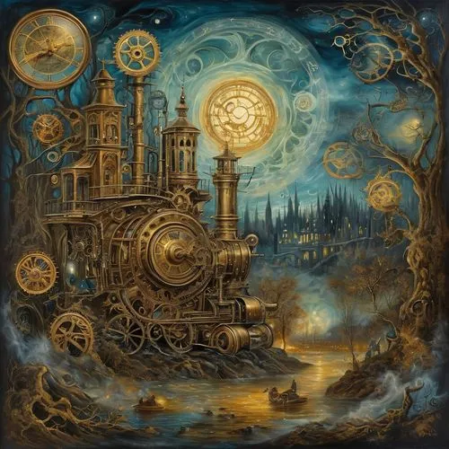 steampunk,steampunk gears,mechana,fantasy art,ghost locomotive,datacraft,fantasy picture,train of thought,clockmaker,steamhammer,steam engine,discworld,avantasia,prospal,alchemists,tock,phantasmagoria,alchemy,the train,mechanician,Illustration,Realistic Fantasy,Realistic Fantasy 13