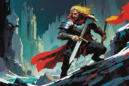 heroic fantasy,thor,god of thunder,norse,the wanderer,fjord,king arthur,thorin,mountain guide,adventurer,wanderer,he-man,red cape,swordsman,thermokarst,king ortler,cloak,mountaineer,thundercat,wind warrior,Conceptual Art,Oil color,Oil Color 07