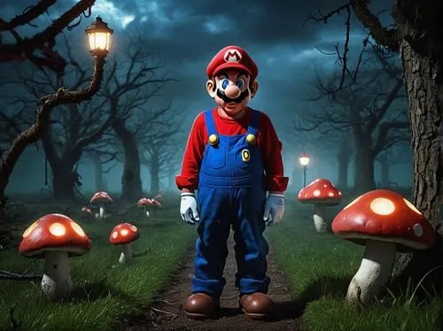 toadstools,mario,marios,red mushroom,super mario brothers,toadstool,mario bros,mushroom landscape,3d render,mushroom island,mushroom hat,spelunker,halloween wallpaper,farmer in the woods,halloween background,smo,dark park,haunted forest,retro halloween,cartoon video game background,Conceptual Art,Oil color,Oil Color 14