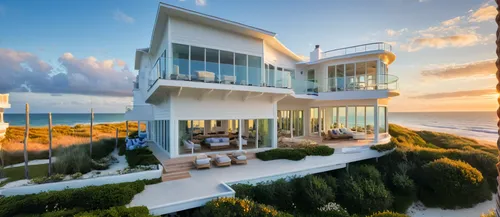 Nestled along the coastline of Florida, a breathtakingly beautiful White 21 century style House Style  commands a panoramic view of the ocean, and large waves, perched majestically on the edge of impo