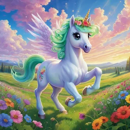 My Little Pony, cute, colorful, sparkly, magical, pastel-colored mane, flowing tail, bright expressive eyes, rosy cheeks, innocent smile, flower crown, delicate wings, shining horn, sparkling star sym