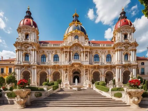 Baroque palace, grand staircase, ornate facade, intricate carvings, golden decorations, red roof tiles, Gothic arches, Renaissance columns, Romanesque walls, medieval towers, stone statues, fountain s