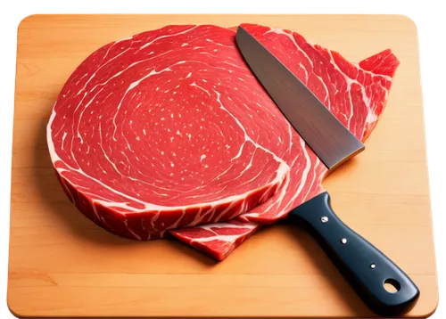 Freshly cut meat, raw beef, juicy texture, marbled fat, tender fibers, glistening surface, studio lighting, shallow depth of field, macro shot, meat cleaver nearby, wooden cutting board, rustic compos