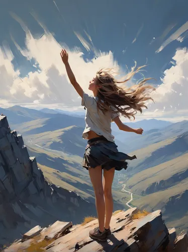 little girl in wind,windy,mountain spirit,the spirit of the mountains,wind,leap for joy,wind wave,flying girl,world digital painting,winds,leap,mountain top,freedom,arms outstretched,be free,wind machine,freedom from the heart,digital painting,landscape background,jumping,Conceptual Art,Fantasy,Fantasy 10