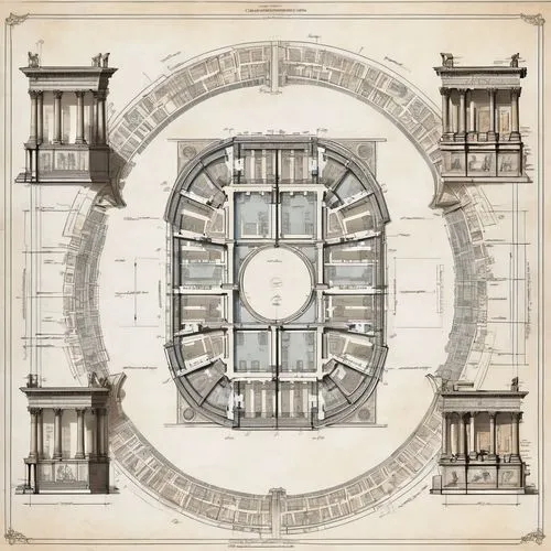 panopticon,borromini,ctesiphon,stellarator,circular staircase,centriole,karchner,instrumentarium,entablature,perpetuum,architectures,the center of symmetry,centrifugal,cochere,vitruvius,circular ornament,turbomachinery,decagonal,orchestrion,dome roof,Unique,Design,Blueprint