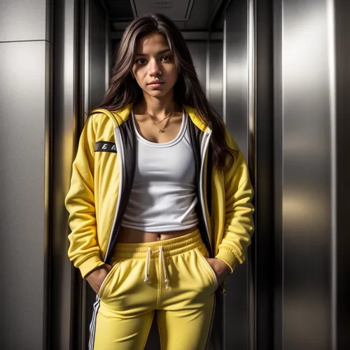 Self-portrait in the elevator.  Yellow sports jacket, black Adidas pants, 3 white stripes on the side.  White sports shoes.  On the way to fitness training.,yellow jacket,yellow jumpsuit,tracksuit,ani