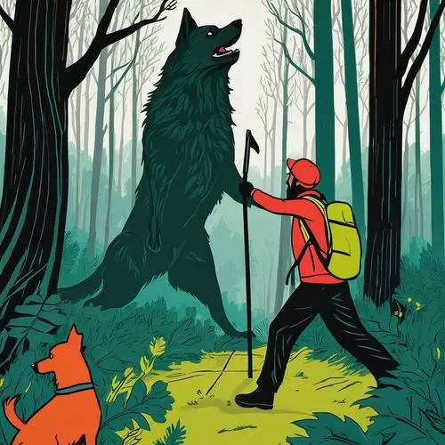 "Create a dramatic illustration of a hiker confronting an angry dog in a forest setting. The hiker should look startled and cautious, wearing hiking gear and holding a walking stick. The dog should be