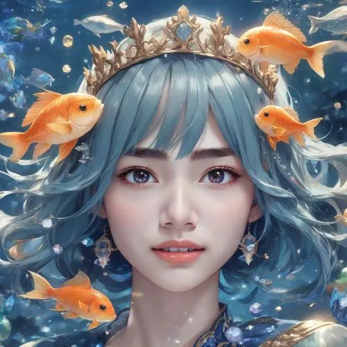 a woman with blue hair and a crown in her hair,mermaid background,nami,oceanica,fantasy portrait,mermaid vectors,queenfish