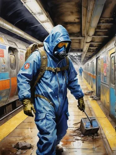 hazmat suit,protective suit,rain suit,spraying,contaminated,the pandemic,quarantine,ppe,outbreak,respirator,protective clothing,biohazard,pandemic,raincoat,blue-collar worker,hazardous,metro,self-quarantine,respirators,coveralls,Conceptual Art,Oil color,Oil Color 09