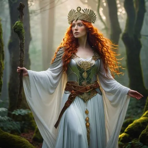 celtic queen,the enchantress,celtic woman,fairy queen,fantasy woman,sorceress,faery,faerie,dryad,merida,priestess,queen cage,rusalka,fantasy picture,elven,fae,cybele,golden crown,fantasy portrait,elven forest,Art,Classical Oil Painting,Classical Oil Painting 22