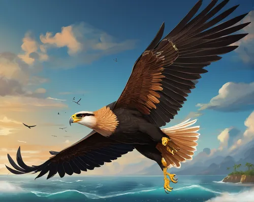 Write a poem about a majestic caracara plancus gracefully soaring over a serene ocean.,sea eagle,giant sea eagle,steller's sea eagle,eagle illustration,african fishing eagle,sea head eagle,african fis