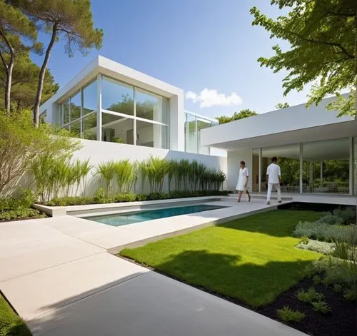 DISEÑO ESTERIOR DEL ACCESO A UNA RESIDENCIA, CON UN PORTON METALICO EN INMITACIÓN MADERA, CON PLANTAS DE FORMIO EN EL ACCESO, ARBOLES Y VEGETACIÓN EXUBERANTE,two people walk away from a modern house,m