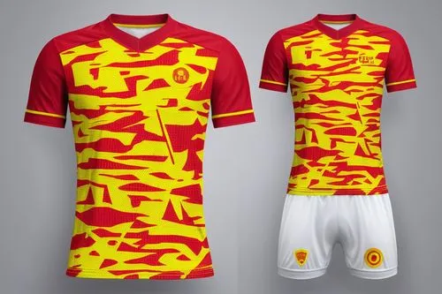 t shirt jersey team mockup yellow and red color halftone dotted design,an illustration of the uniform worn in both soccer teams uniforms,nordsjaelland,jagiellonia,monarcas,sublimated,dukla,herediano,P