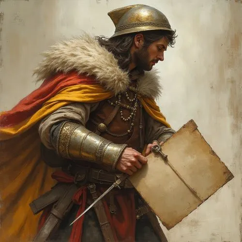 a medieval courier carrying a letter.,a man in an old fashioned armor and golden helmet,rhaetian,helaman,condottiero,fili,roman soldier,thorleif