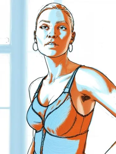 simple drawing of a woman with blonde hair in a dress near a window,an image of a drawing of a woman wearing blue bikini,spearritt,rotoscoped,rotoscope,rotoscoping,comic halftone woman,valorie,Concept