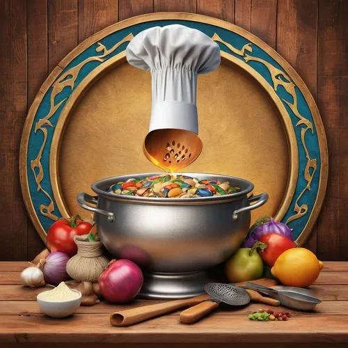 minestrone,cholent,cooking book cover,pasta e fagioli,cassoulet,ratatouille,thanksgiving background,vegetable soup,cookware and bakeware,scotch broth,goulash,food and cooking,cooking vegetables,cookery,lentil soup,apple pie vector,cooking pot,chef,chef's hat,cabbage soup diet,Illustration,Realistic Fantasy,Realistic Fantasy 42