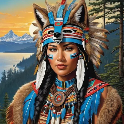 gorgeous award winning photorealistic masterpiece ultra detailed 8k hyperrealistic portrait master illustration of a Pacific Northwest Native American Tlingit female warrior wearing a traditional wood