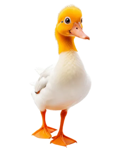 Funny duck, yellow beak, big eyes, orange feet, fluffy feathers, white belly, standing pose, looking up, cartoon style, bright colors, soft lighting, close-up composition, shallow depth of field, boke