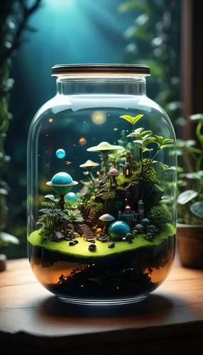 an elegant and minimalist glass jar filled with a miniature ecosystem, planets and advanced spaceships, in the style of luminous 3d objects, dreamlike horizons, uncanny valley realism, sunrays shine u