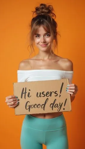 A 21yo petite model girl with light brown hair in a messy bun is holding a cardboard sign that reads "Hi users!, Good day!" wearing a white off-shoulder top, full body, a turqoise tight seamless hairy