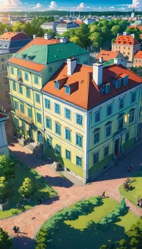 A large house building in the year 1780, near the city center of Helsinki, in the Grand Duchy of Finland in 1812.,a colorful building that is on top of a grassy area,tartu,masaryk,kotoko,dormitory,lvo