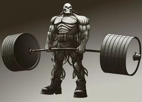 I want literally this image black and white with a skeleton head, hands and feet,Skeleton deadlift,deadlift,dead lift,barbell,bodybuilding,strongman,powerlifter,Conceptual Art,Fantasy,Fantasy 10