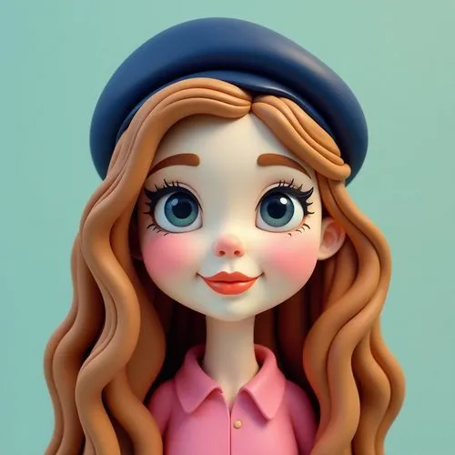 doll's facial features,cute cartoon character,redhead doll,girl wearing hat,beret,dollfus