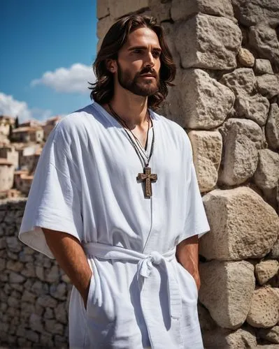 Jesus Christ, 30s, strong facial features, short brown hair, holy cross necklace, casual wear, white robe, blue denim jeans, brown leather sandals, cool pose, leaning against a stone wall, Mediterrane