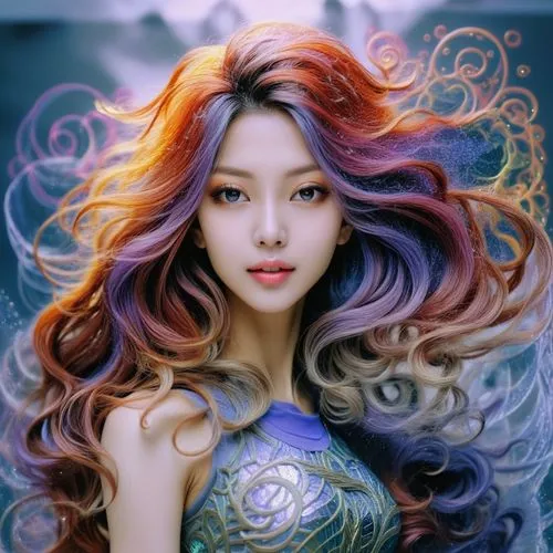 mermaid background,mermaid,mermaid vectors,fantasy portrait,oriental longhair,nami,fluttering hair,asian semi-longhair,rapunzel,watercolor mermaid,fantasy art,rainbow waves,world digital painting,asian woman,oriental princess,colorful spiral,fantasy picture,joy,the sea maid,ariel,Illustration,Realistic Fantasy,Realistic Fantasy 20