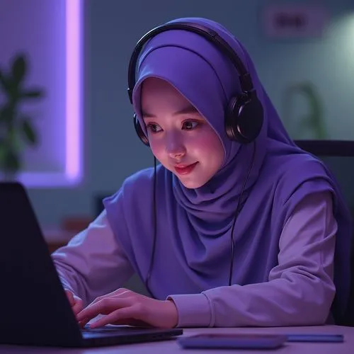 girl at the computer,hijaber,women in technology,night administrator,hijab,girl studying,Photography,General,Realistic