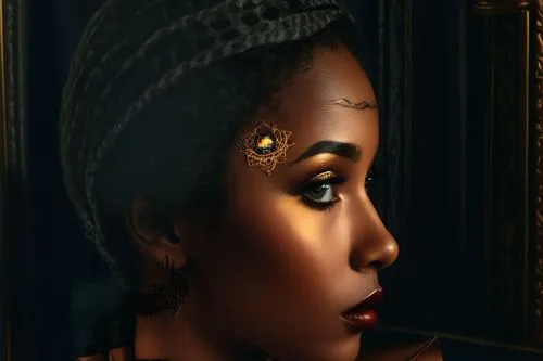 Beautiful nigerian girl, full dark curly hair, big dark almond eyes, full red lips, misty sky,a girl is in an artistic fashion pose,ancient egyptian girl,nefertiti,african woman,lumidee,african americ