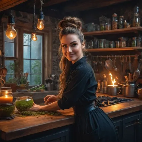 A delightful image of a kitchen witch, 31 years old, happily working in a futuristic kitchen from 2024. She is casually dressed in a comfortable outfit, with her long hair in a messy bun. Surrounding 