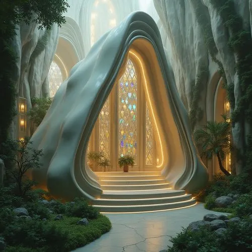 rivendell,gondolin,futuristic landscape,3d fantasy,fantasy landscape,futuristic architecture,silmarillion,sanctum,ecotopia,fantasy picture,lorien,forest chapel,holy forest,alfheim,hall of the fallen,tunnel of plants,portal,goetheanum,asgard,arcology,Photography,General,Realistic